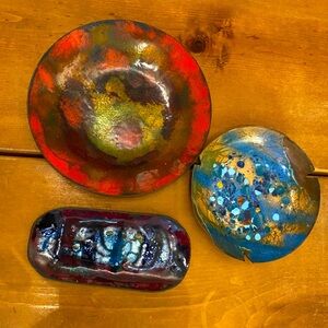 Vintage European Enamel on Copper Decorative Plates set of 3